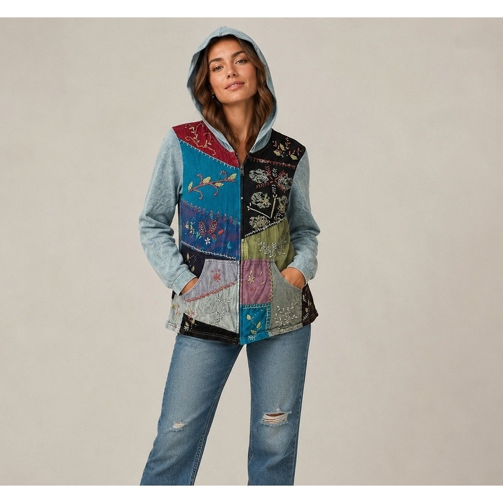 Sacred Threads Jacket Womens M/L Baby Blue Patchwork Embroidered Full Zip Hood